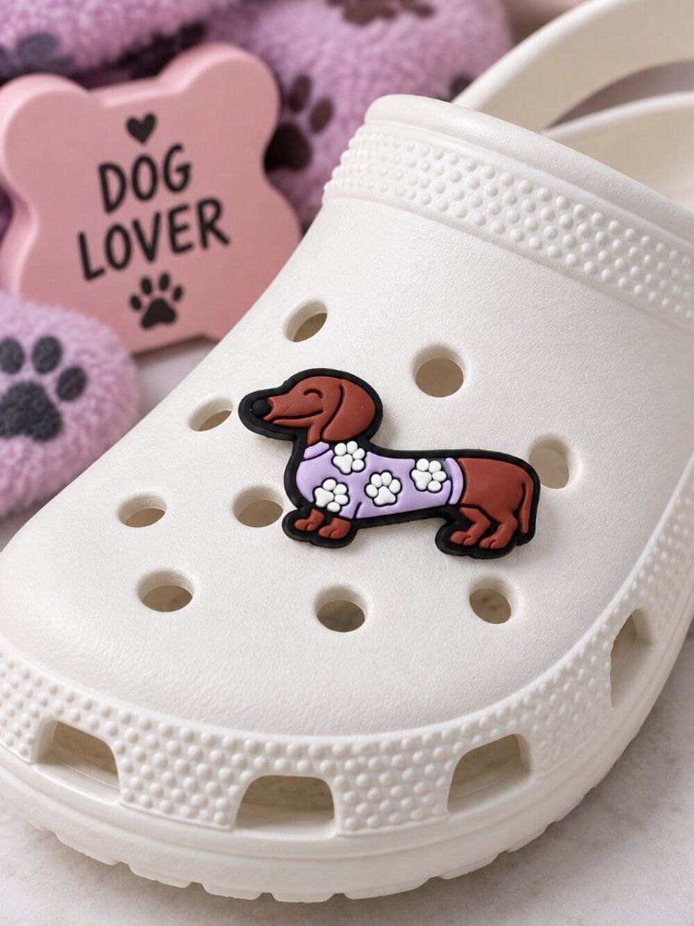Dachshund Croc Shoe Charm Weenie Doxie Paw Print Lilac Sweater Dog Jibbitz Style